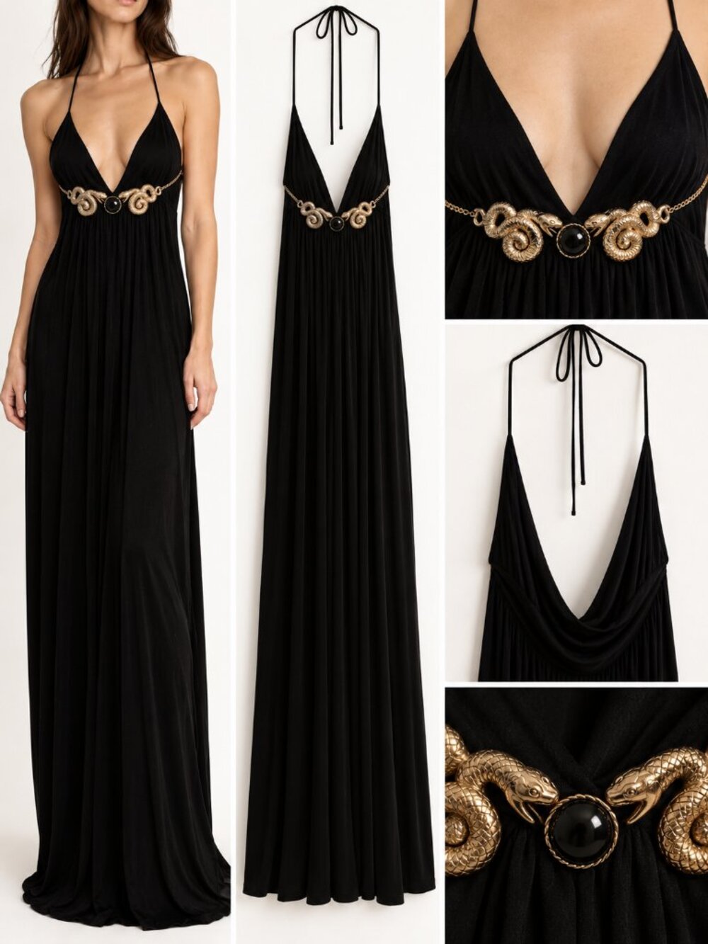 Sky Black Halter Maxi Dress Gold Snake Embellishment Goddess Eqyptian Y2K Size L